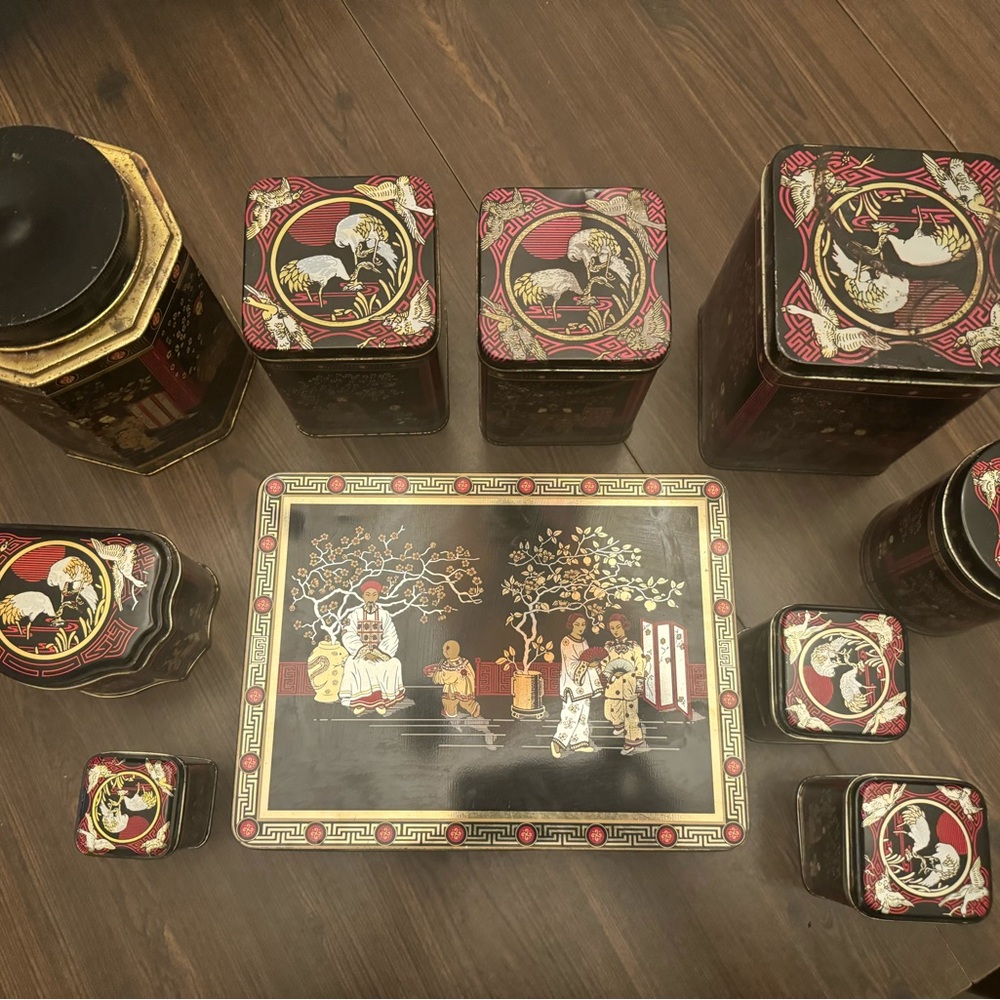 Vintage Asian-Inspired Tin Canister Set